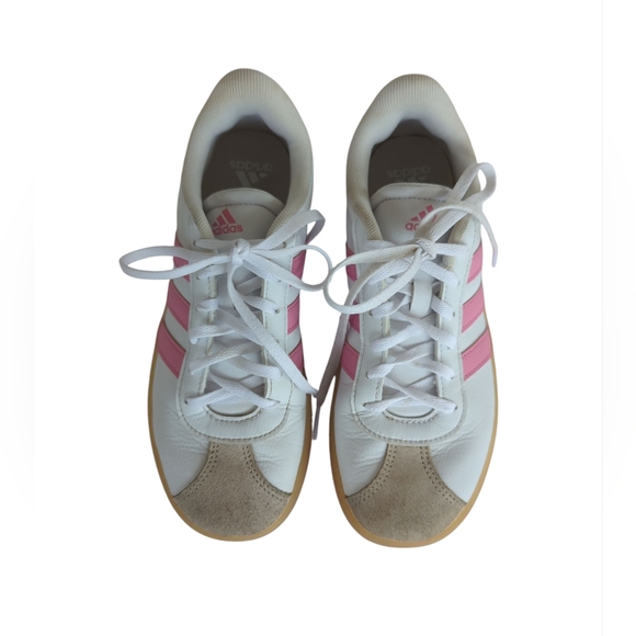 Adidas VL Court 3.0 Skateboard Lace-Up Leather Sneakers Big Girl 5 White Pink - Picture 13 of 16